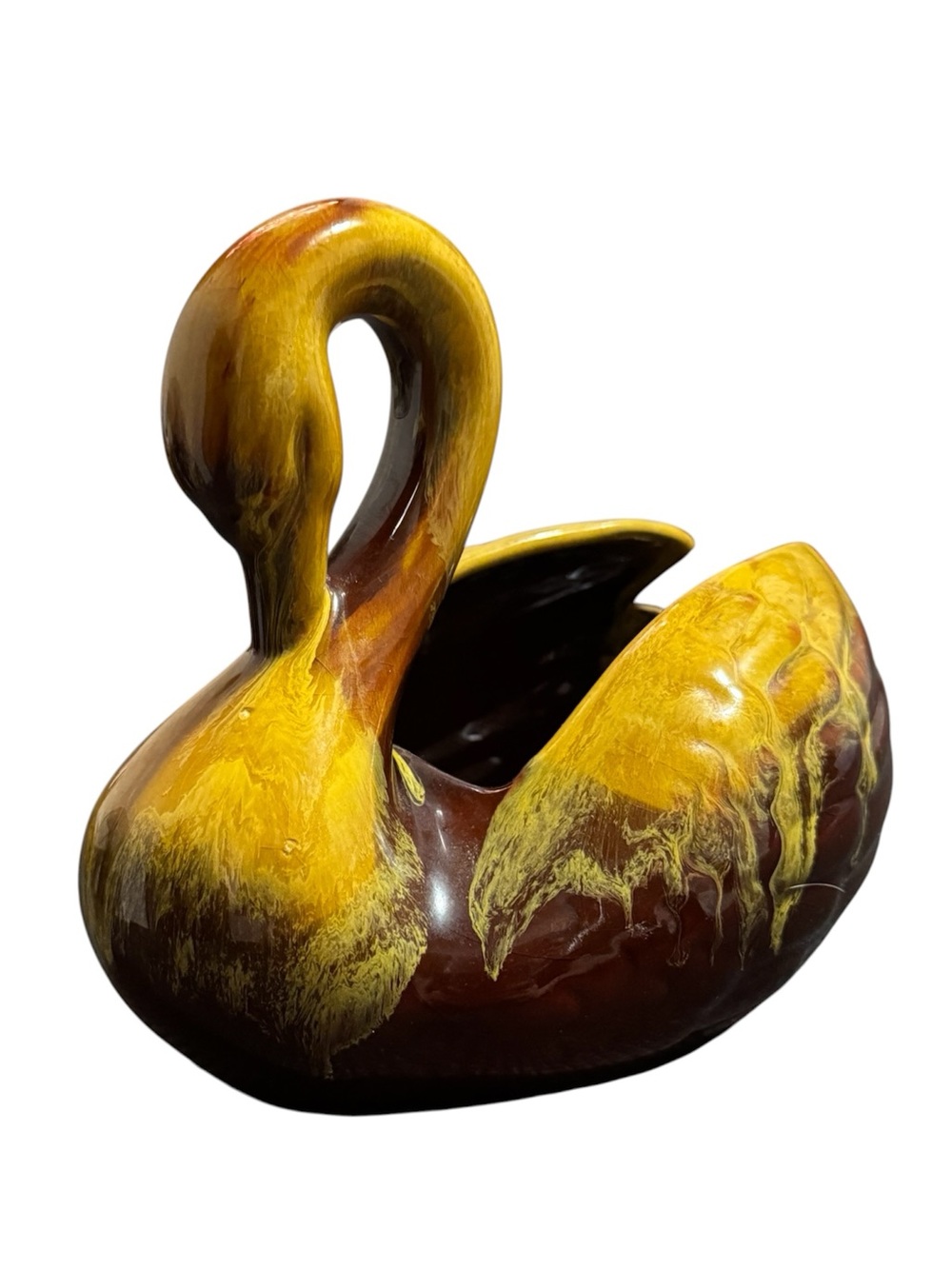 Blue Mountain Pottery Swan Planter Golden Harvest Drip Glaze BMP Canada 1970 MCM